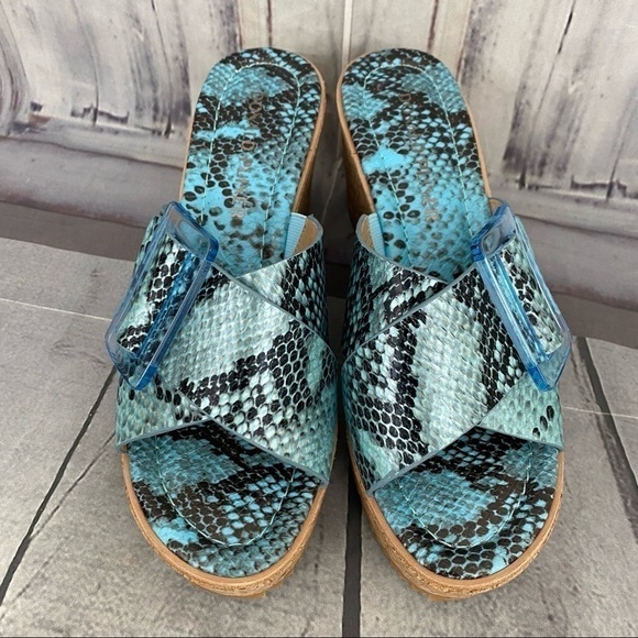 Donald Pliner Illiad Leather Snake Buckle Platform Cork Wedges Blue Black - Picture 6 of 13